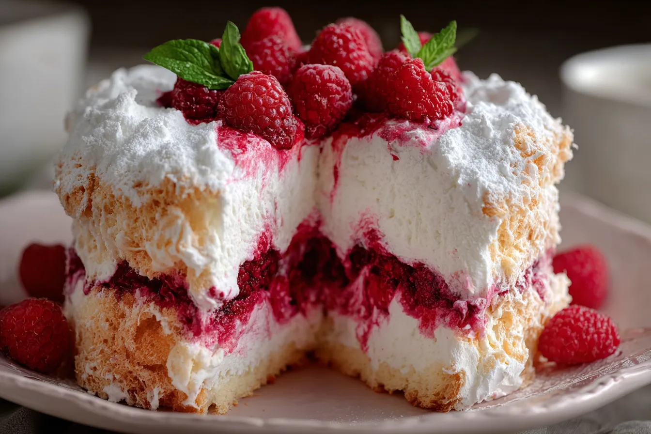 Raspberry Angel Food Cake: A Deliciously Light Treat 3 Raspberry Angel Food Cake Slices with Fresh Raspberries
