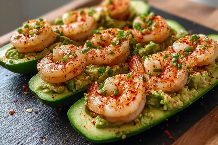 Fresh Shrimp Avocado Cucumber Boats on Serving Platter