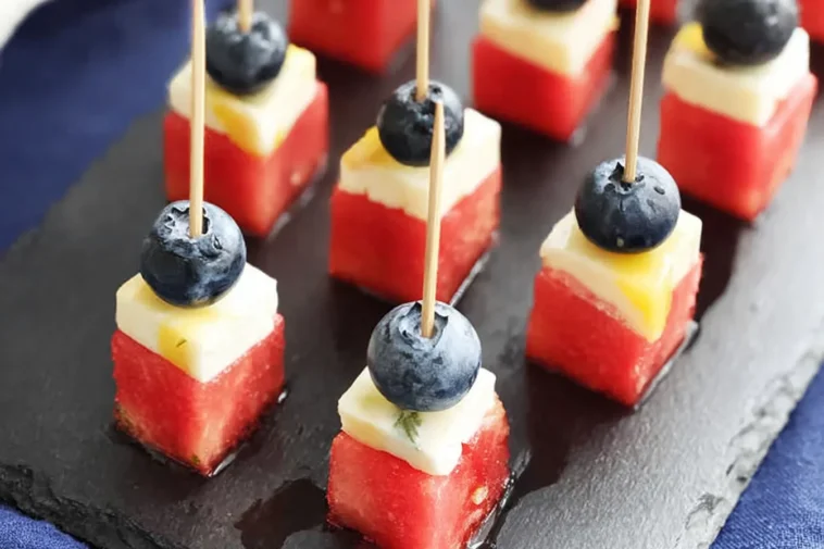 Colorful Watermelon, Cheese, and Blueberry Skewers