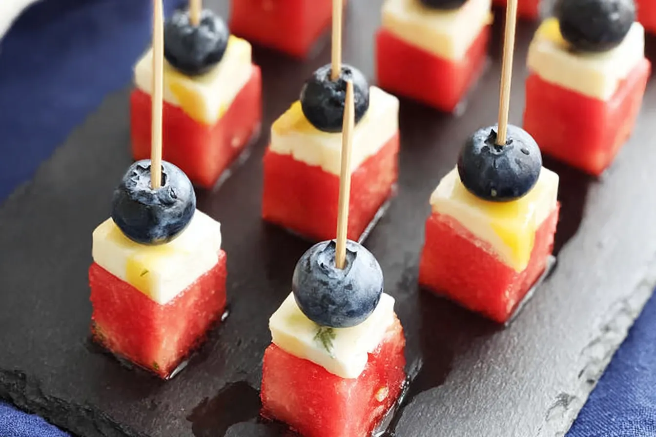 Watermelon, Cheese, and Blueberry Skewers: A Sweet Treat 3 Colorful Watermelon, Cheese, and Blueberry Skewers