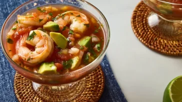 Authentic Mexican Shrimp Cocktail (Coctel de Camarones estilo Mexicano) in a Serving Glass