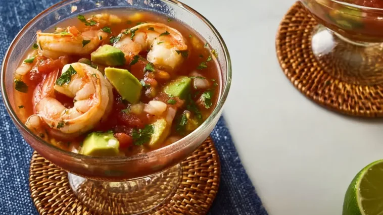 Authentic Mexican Shrimp Cocktail (Coctel de Camarones estilo Mexicano) in a Serving Glass