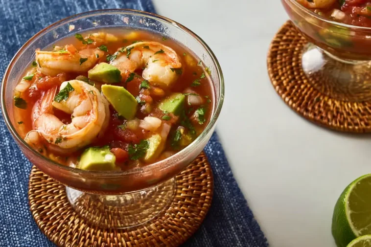 Authentic Mexican Shrimp Cocktail (Coctel de Camarones estilo Mexicano) in a Serving Glass