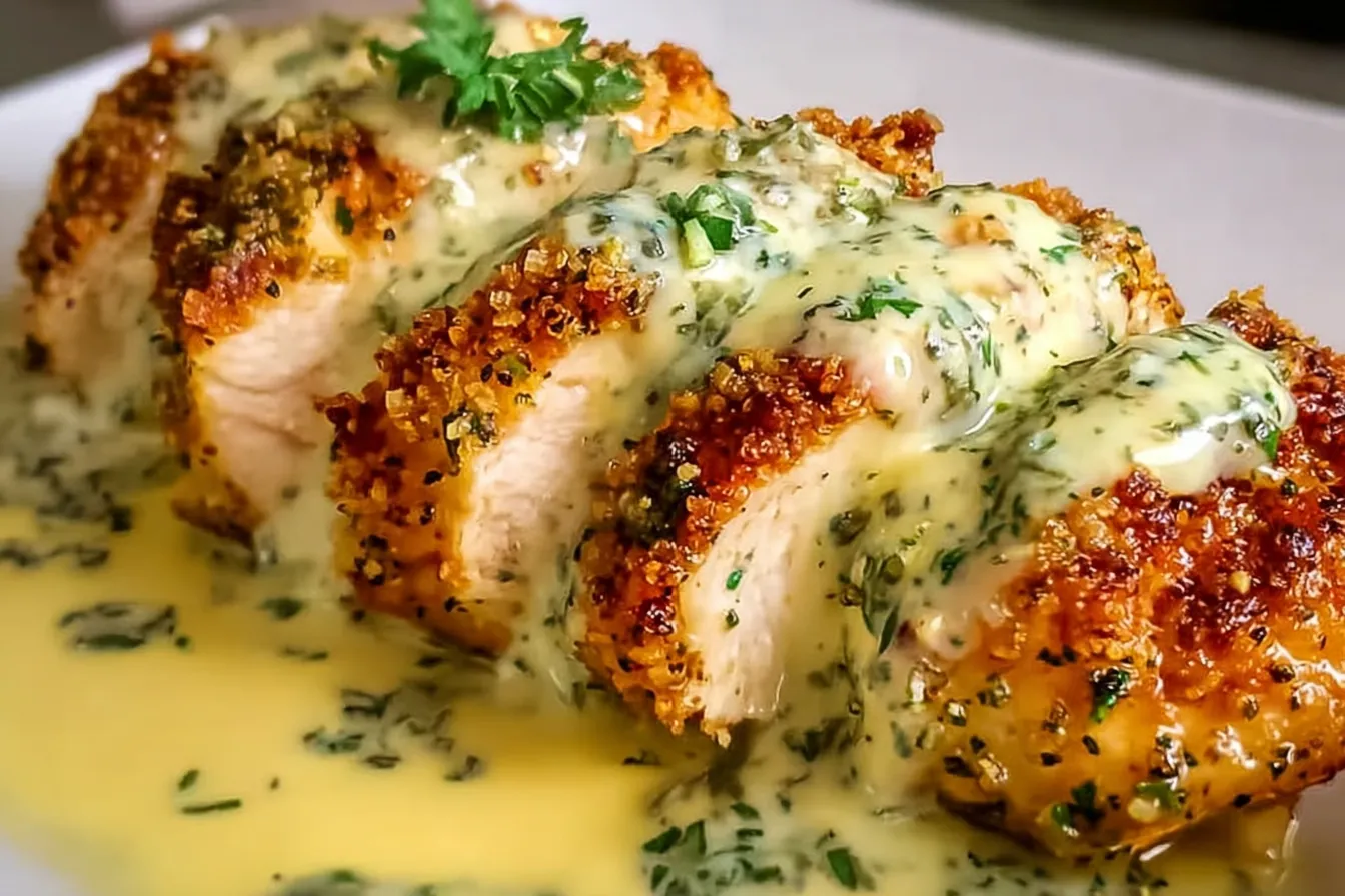 Baked Caesar Chicken with Creamy Parmesan Sauce on a Plate