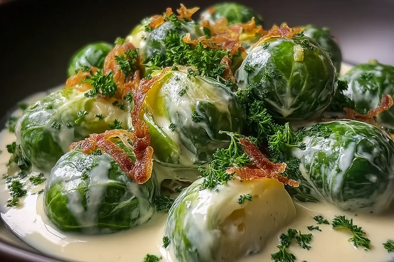 Brussels Sprouts Cream Cheese Sauce Drizzled on Veggies