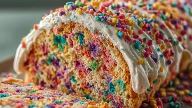 Vibrant Chaos Style Confetti Birthday Cake on a Table