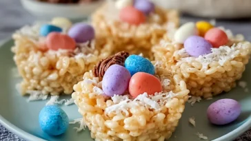Easter Rice Krispie Nests Decorated with Candy Eggs