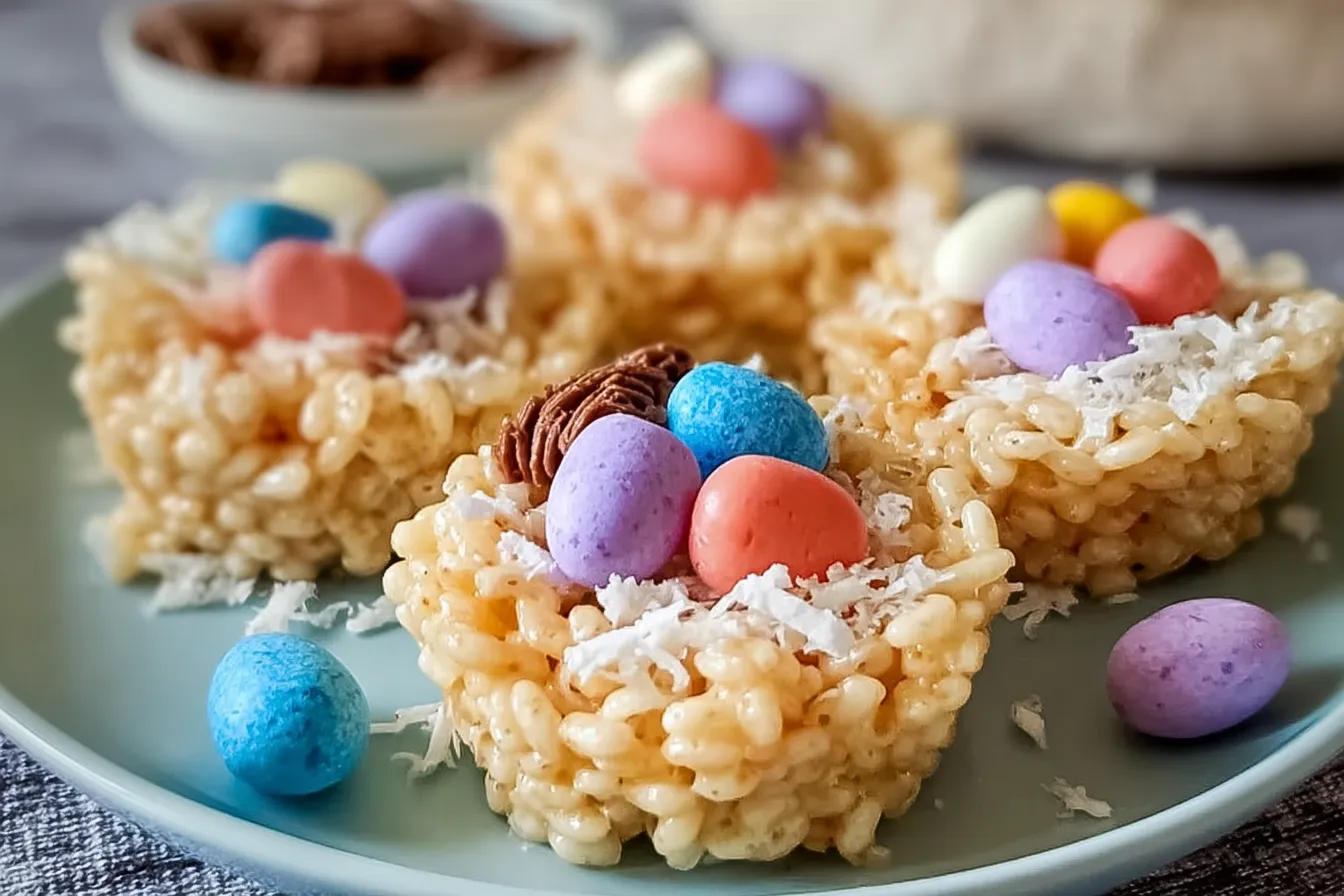 Easter Rice Krispie Nests Decorated with Candy Eggs