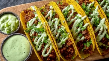 Easy Baked Ground Turkey Tacos with Avocado Sauce Plated
