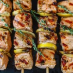 Grilled Salmon Kebabs (5 Ingredients) You’ll Love Making 5 Grilled Salmon Kebabs on Skewers Ready to Serve