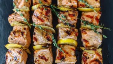 Grilled Salmon Kebabs on Skewers Ready to Serve