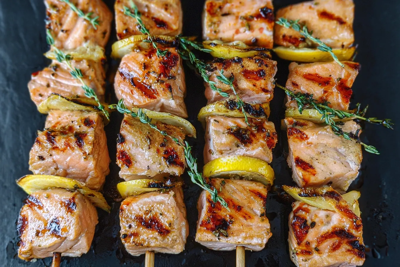 Grilled Salmon Kebabs on Skewers Ready to Serve