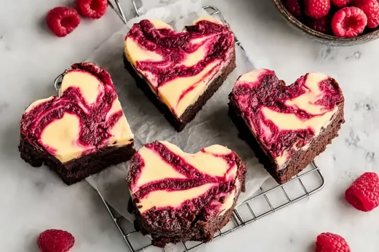 Heart Shaped Brownies with Raspberry Swirl and Cheesecake Topping