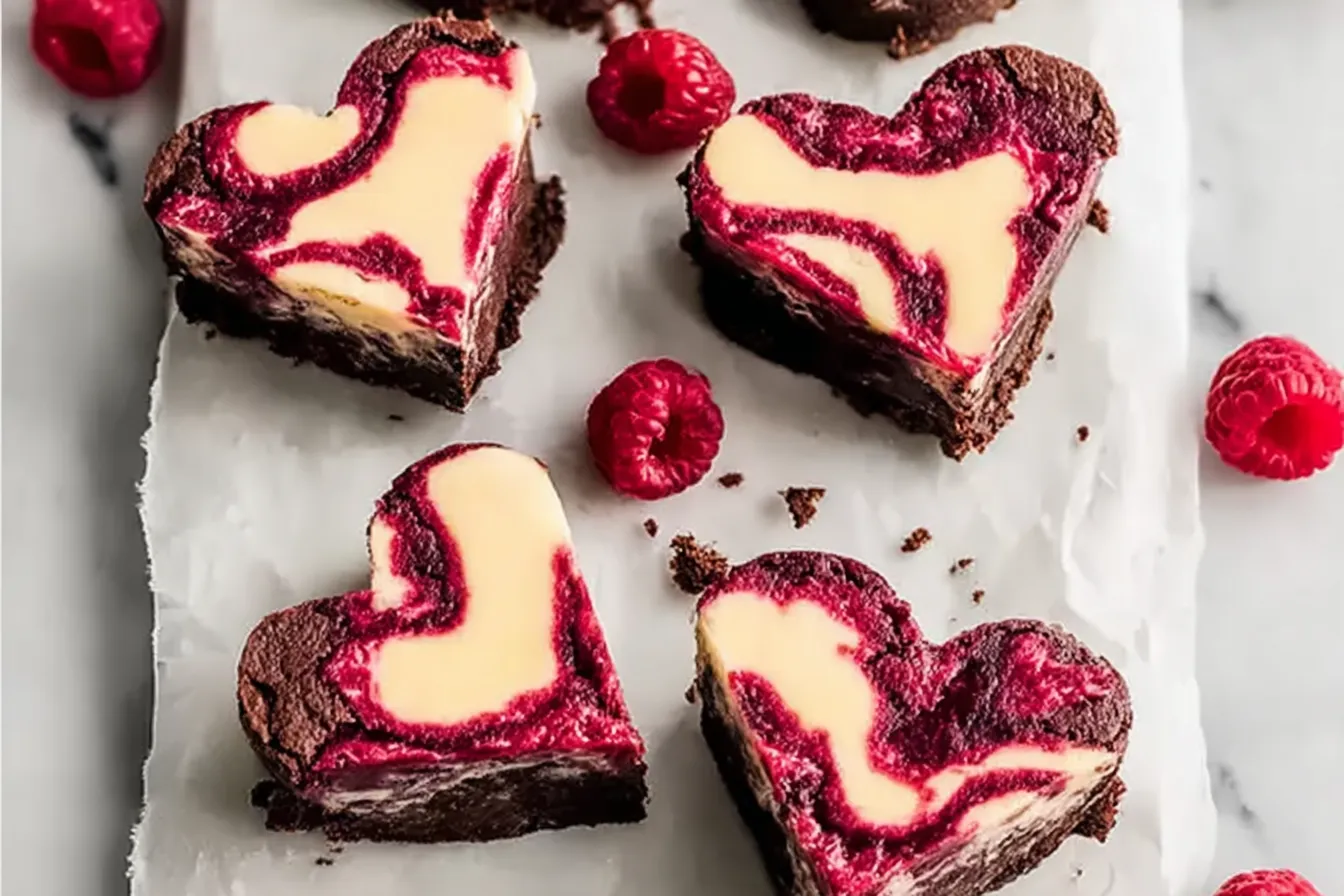 Heart Shaped Brownies (with Raspberry Swirl and Cheesecake Topping)