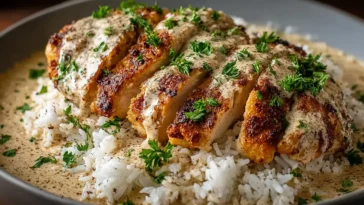 High Protein Creamy Cajun Chicken and Rice on a Plate