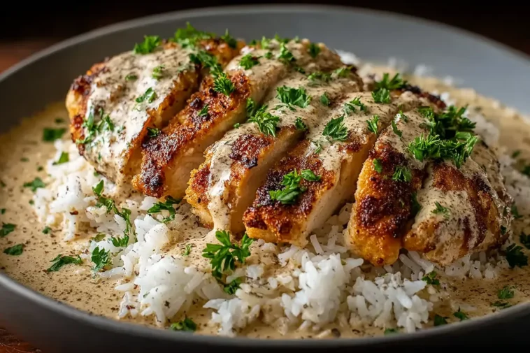 High Protein Creamy Cajun Chicken and Rice on a Plate