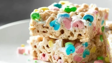 Colorful Lucky Charms Marshmallow Treats on a Plate