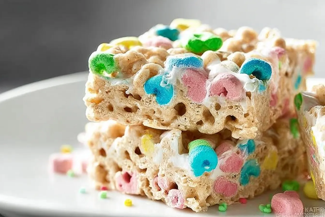 Lucky Charms Marshmallow Treats Recipe: A Sweet Delight 3 Colorful Lucky Charms Marshmallow Treats on a Plate