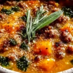Slow Cooker Butternut Squash Sausage Soup in a Bowl