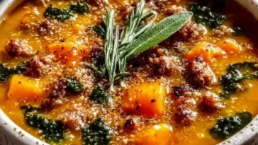 Slow Cooker Butternut Squash Sausage Soup in a Bowl