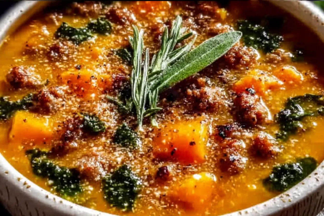 Slow Cooker Butternut Squash Sausage Soup in a Bowl