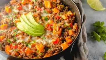 Southwest Skillet Ground Beef and Sweet Potato in a Pan