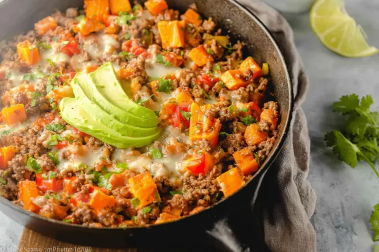 Southwest Skillet Ground Beef and Sweet Potato in a Pan