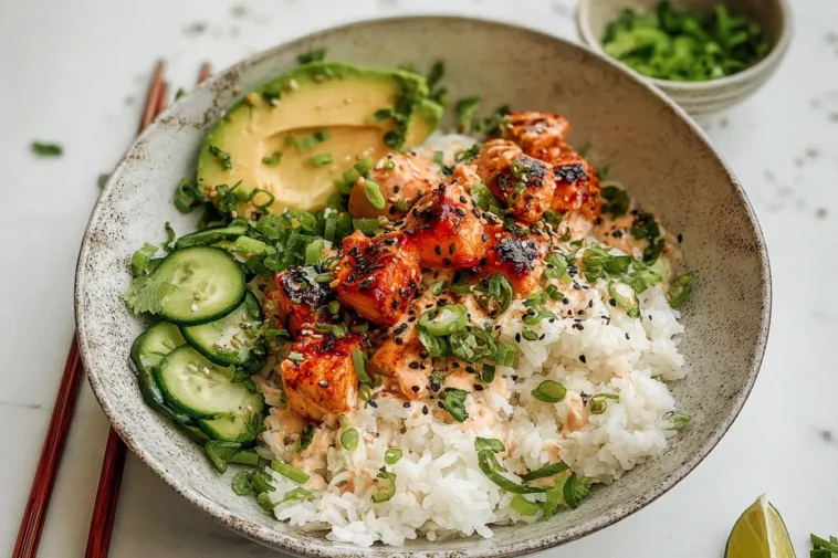 Spicy Salmon Bowls with Coconut Rice - Colorful and Delicious