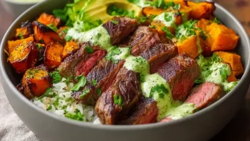 Steak and Sweet Potato Bowls with Avocado-Cilantro Drizzle