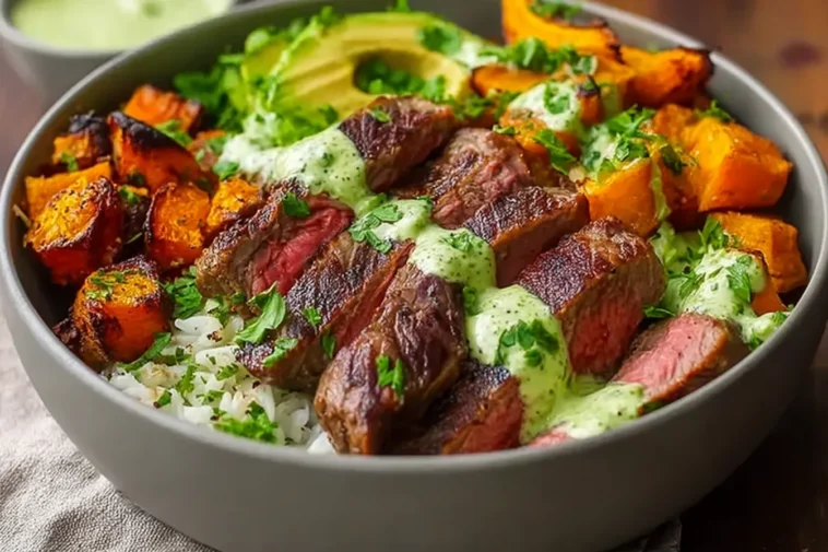 Steak and Sweet Potato Bowls with Avocado-Cilantro Drizzle