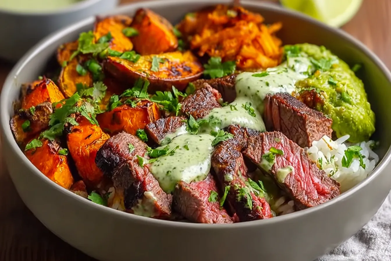 Steak and Sweet Potato Bowls with Avocado-Cilantro Drizzle