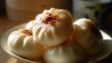 Fluffy Steamed Bao Buns on a Serving Platter