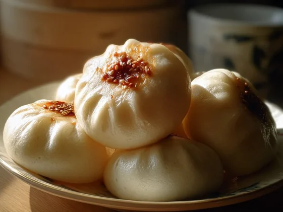 Fluffy Steamed Bao Buns on a Serving Platter