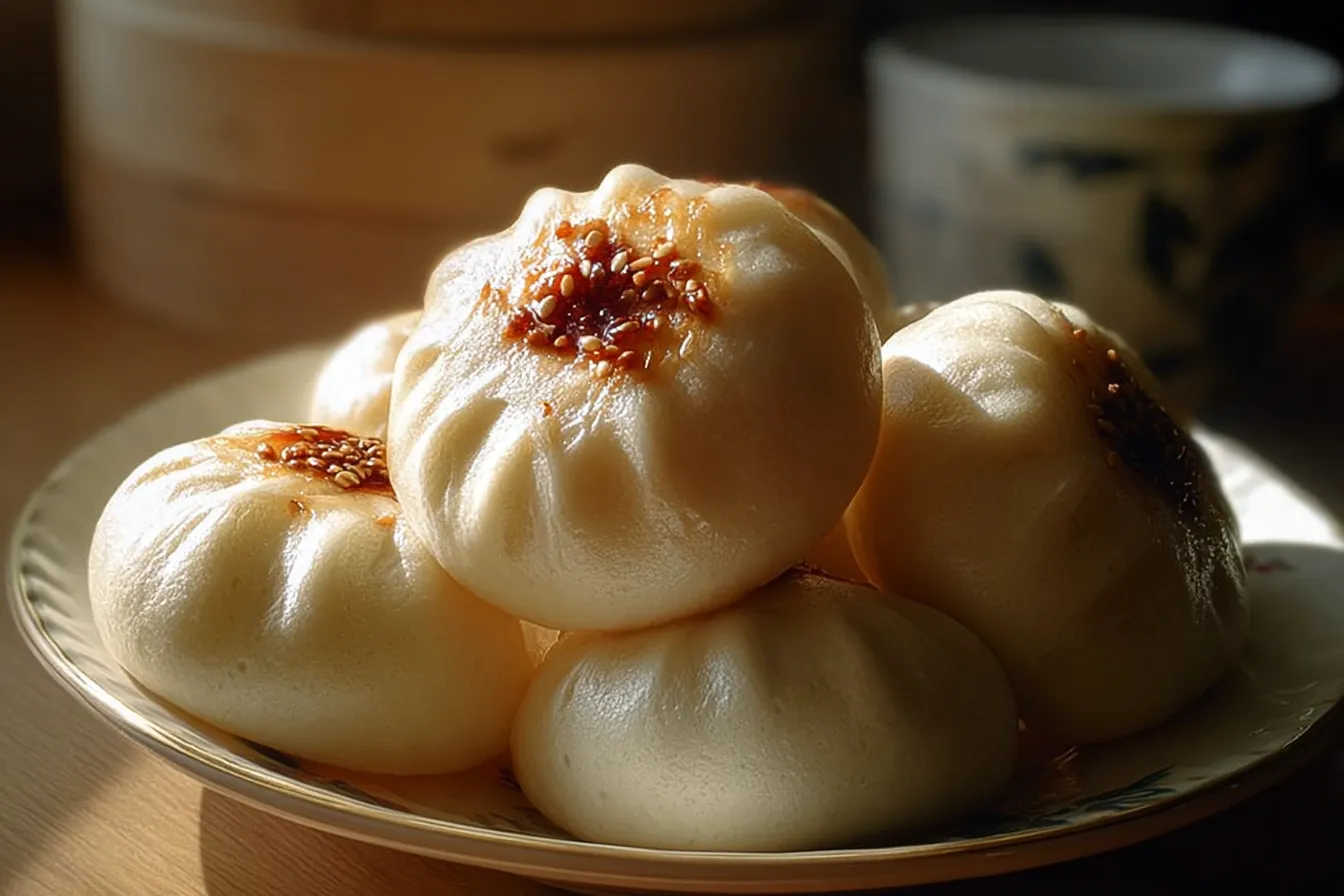Fluffy Steamed Bao Buns on a Serving Platter