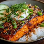 Sticky Orange Gochujang Salmon Bowl Served in a Vibrant Dish