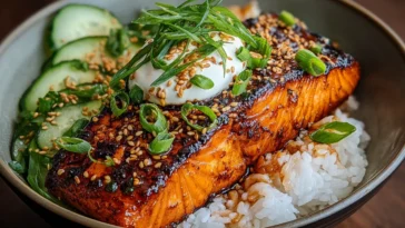Sticky Orange Gochujang Salmon Bowl Served in a Vibrant Dish