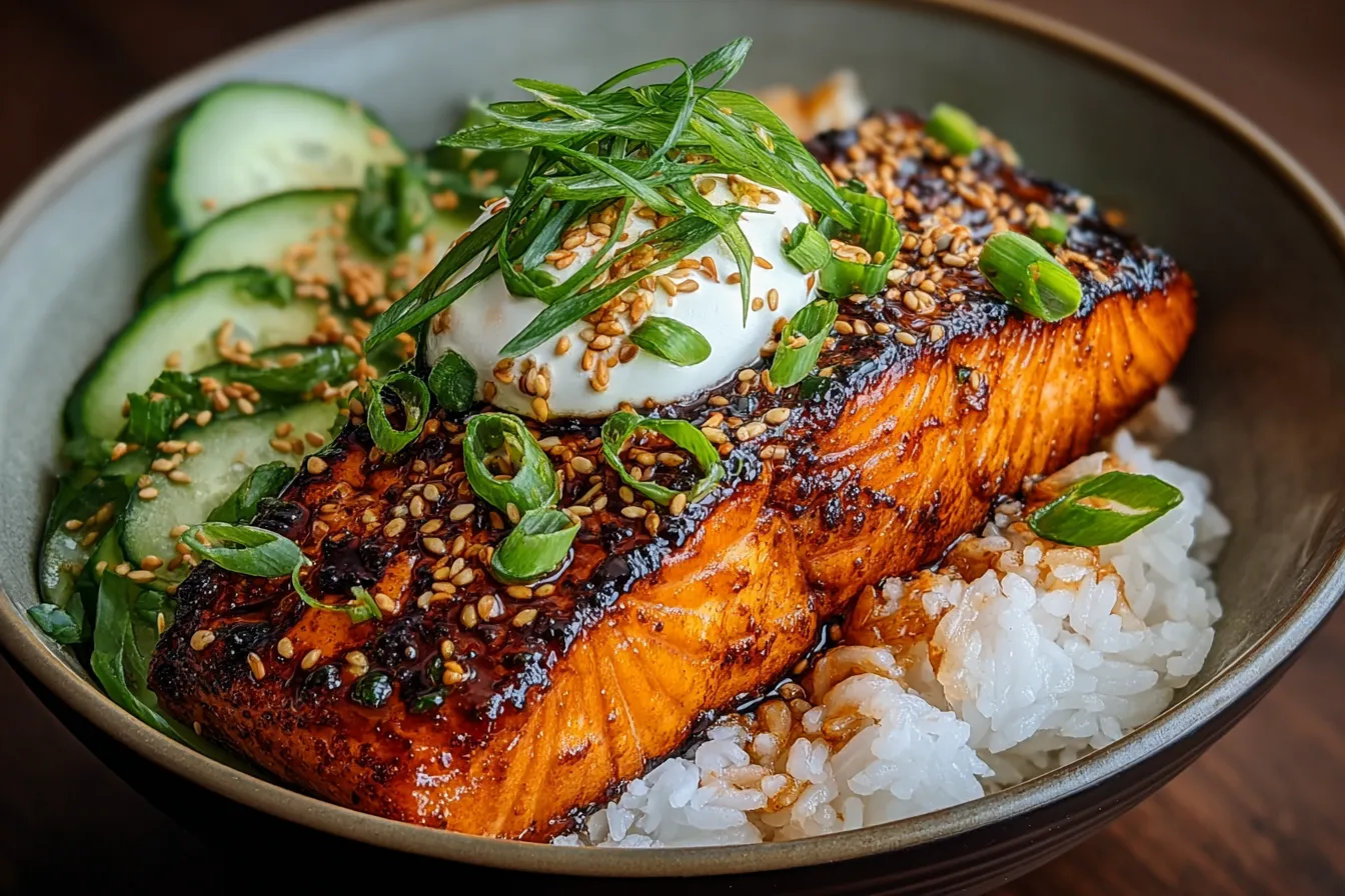 Sticky Orange Gochujang Salmon Bowl Served in a Vibrant Dish