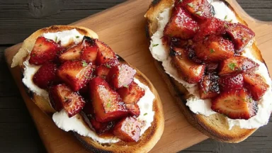 Strawberry Goat Cheese Bruschetta Served on a Plate
