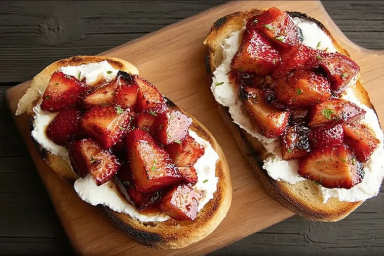 Strawberry Goat Cheese Bruschetta Served on a Plate