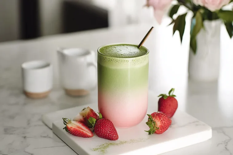 Strawberry Matcha Latte Served in a Beautiful Glass