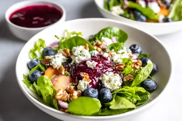 Tasty Easter Spring Salad with Goat Cheese on a Bright Table