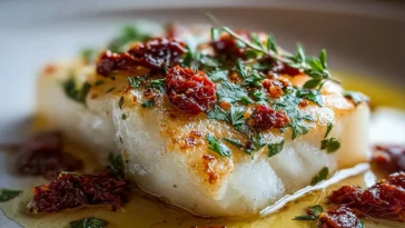 Tender Mediterranean Baked Halibut Served with Fresh Herbs