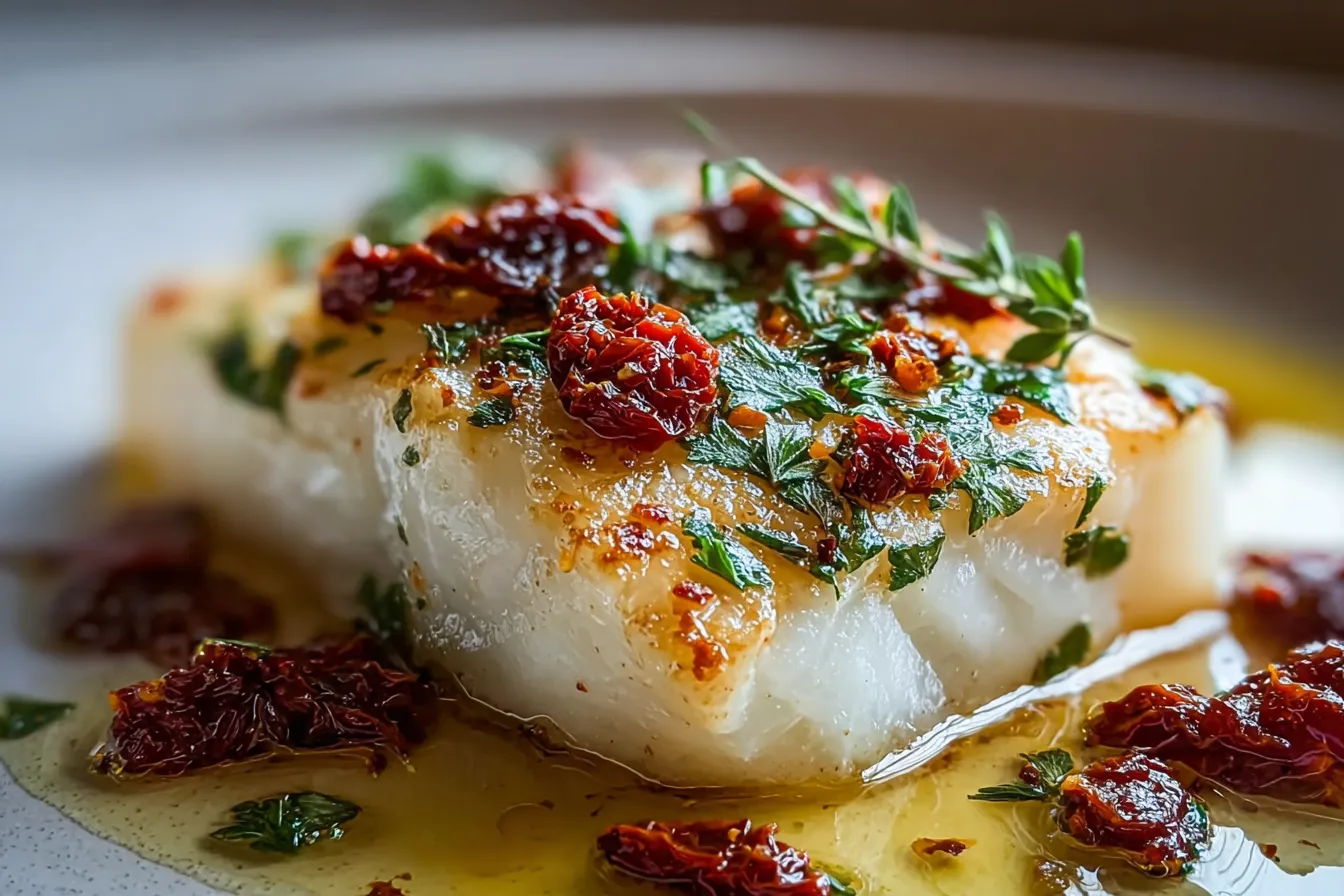 Tender Mediterranean Baked Halibut: A Flavorful Delight 3 Tender Mediterranean Baked Halibut Served with Fresh Herbs