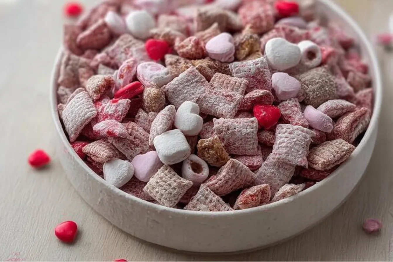 Valentine’s Day Muddy Buddies (Easy Puppy Chow Recipe)