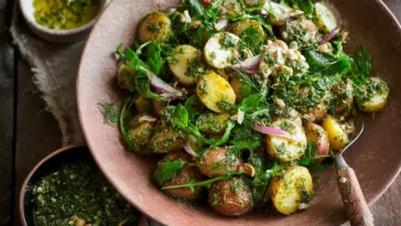 Arugula Pesto Potato Salad Served in a Bowl