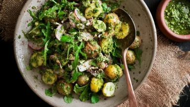 Arugula Pesto Potato Salad Close-Up Showing Fresh Ingredients