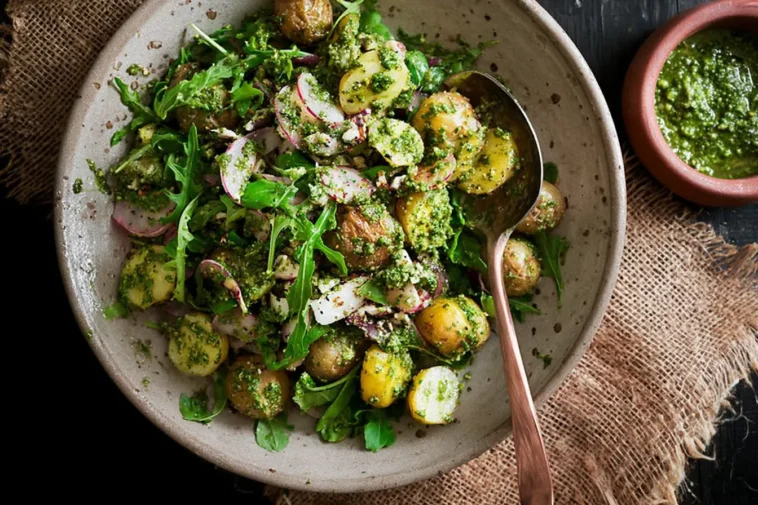 Arugula Pesto Potato Salad Close-Up Showing Fresh Ingredients