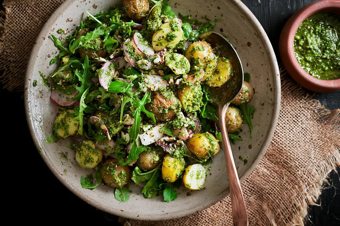 Arugula Pesto Potato Salad Close-Up Showing Fresh Ingredients