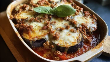 Baked Layered Eggplant with Beef Ragu and Smoked Mozzarella Dish