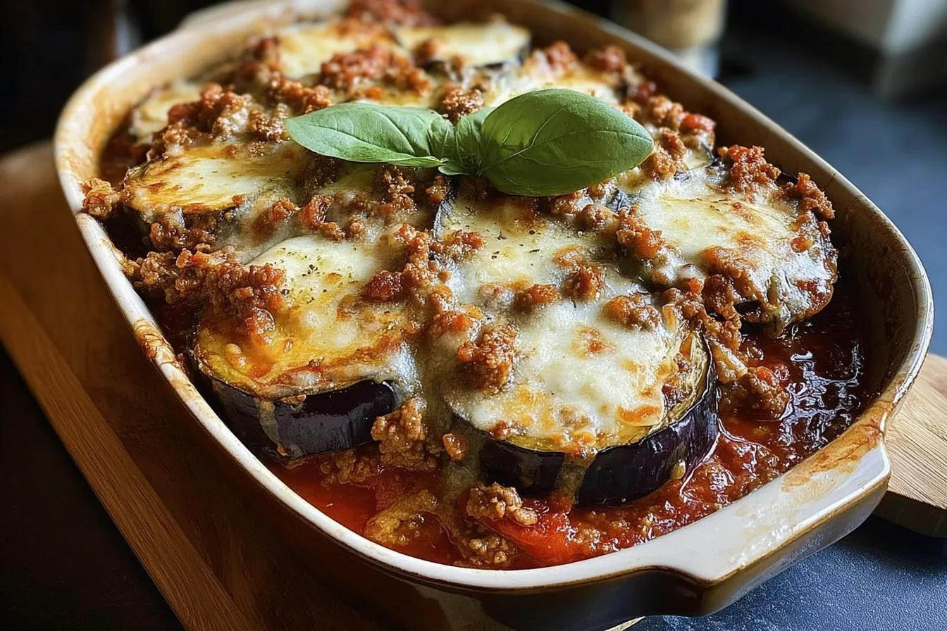 Baked Layered Eggplant with Beef Ragu and Smoked Mozzarella Dish